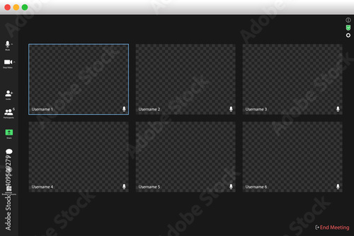 Video conferencing user interface. Video call screen interface template. Application for social communication. Video conferencing window overlay. six users.