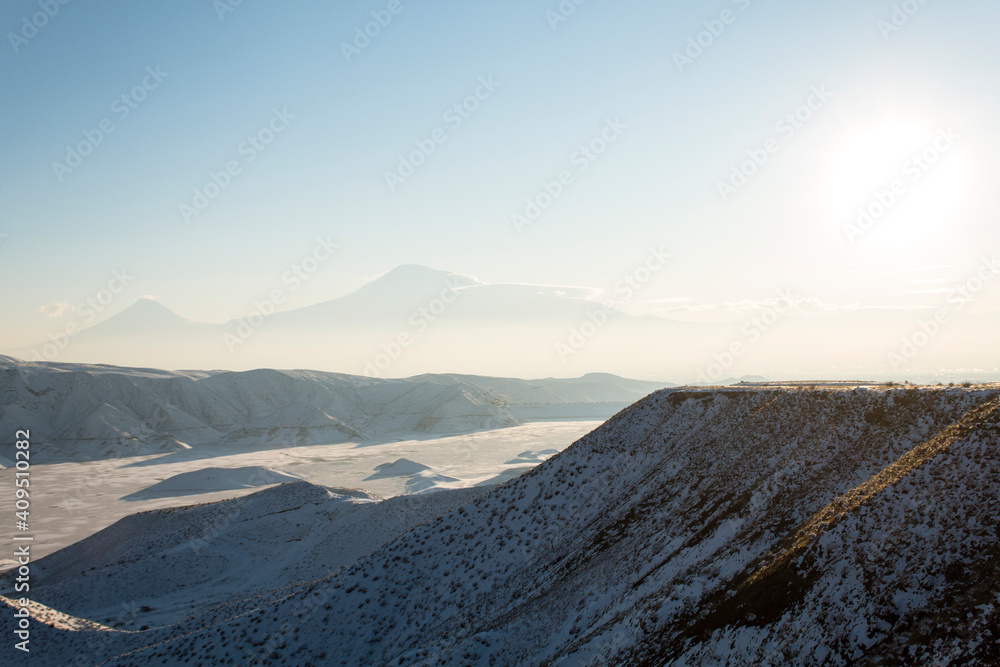 Mount Ararat and Azat reservoir in winter