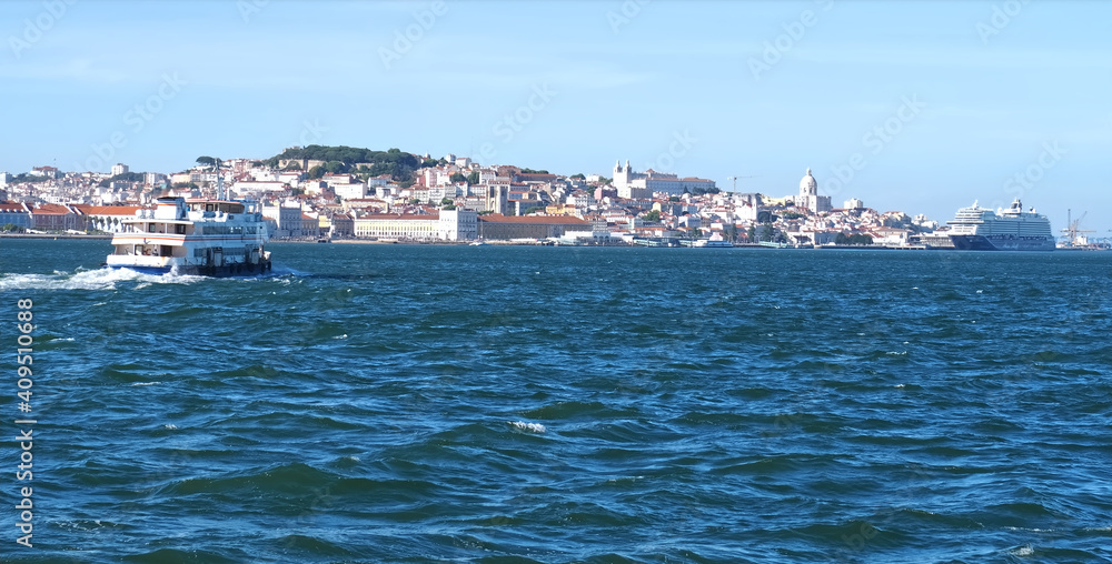 Beautiful cityscape panorama of Lisbon seen from Tejo river
