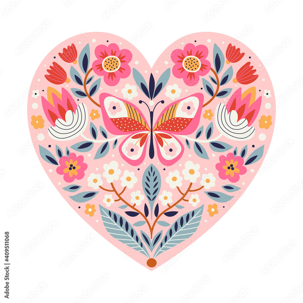 Template greeting cards and invitations with a heart. Decorative flowers and butterfly. Can be used for scrapbook, banner, print, etc.