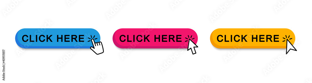 Click here web buttons. Set of action button click here with arrow pointer. Vector illustration. Click here web buttons. Set of action button click here with arrow pointer. Vector illustration.