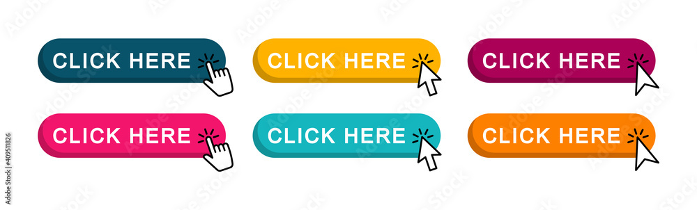 Click here web buttons. Set of action button click here with arrow pointer. Vector illustration. Click here web buttons. Set of action button click here with arrow pointer. Vector illustration.
