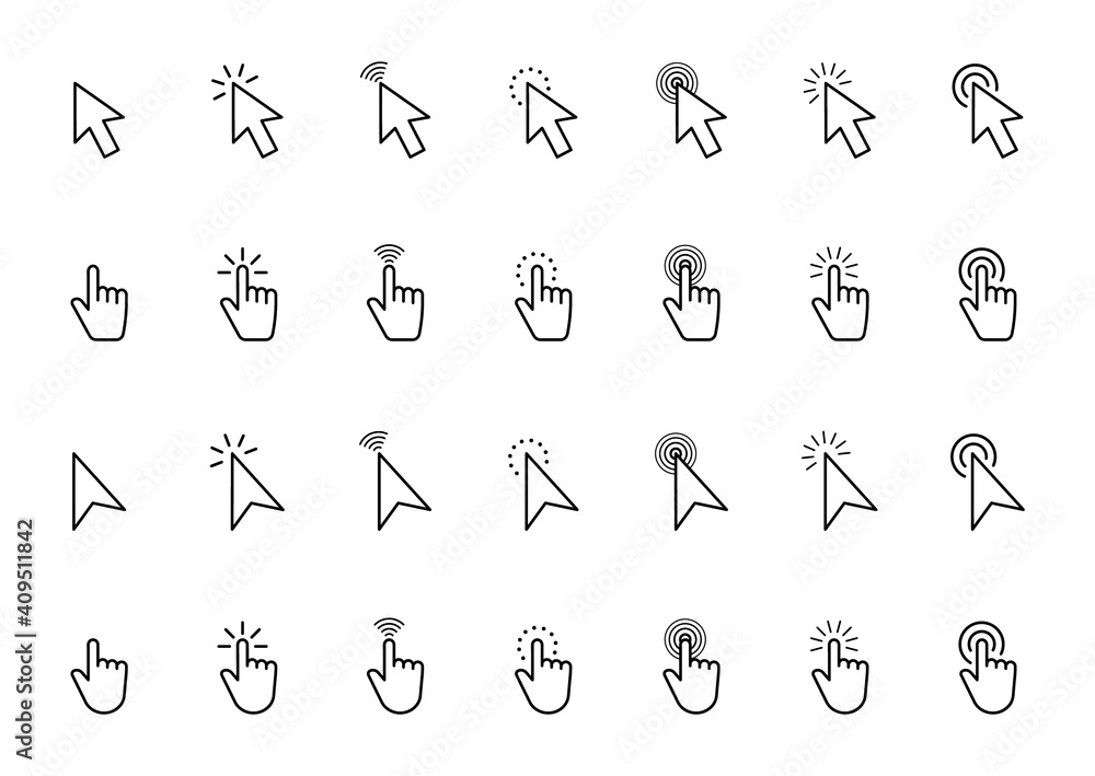 Pointer click icon set. Hand cursor click. Arrow pointer. Computer mouse cursor. Clicking finger pointing. Vector illustration. Pointer click icon set. Hand cursor click. Arrow pointer. Computer mouse cursor. Clicking finger pointing. Vector illustration.