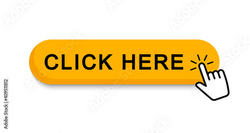 Click here button with hand cursor. Action button click here. Hand pointer clicking. Vector illustration.