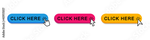 Click here web buttons. Set of action button click here with arrow pointer. Vector illustration.