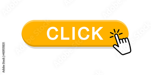 Click here button with hand cursor. Action button click here. Hand pointer clicking. Vector illustration.