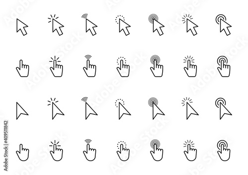 Pointer click icon set. Hand cursor click. Arrow pointer. Computer mouse cursor. Clicking finger pointing. Vector illustration.