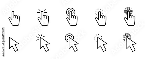 Pointer click icon set. Hand cursor click. Arrow pointer. Computer mouse cursor. Clicking finger pointing. Vector illustration.
