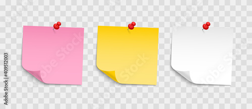 Colored sheets of note papers with push pin. Collection of sticky notes with curl and shadow. Realistic paper stickers for your message. Design element for advertising and promotional.