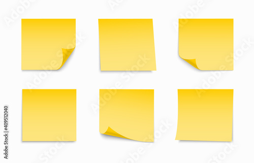 Yellow sheets of note papers set. Collection of sticky notes with curl and shadow. Realistic paper stickers for your message. Design element for advertising and promotional.