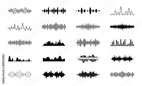 Sound waves set. Modern sound equalizer. Radio wave icons. Volume level symbols. Music frequency. Abstract digital equalizers for music app. Vector illustration.