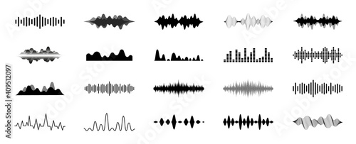 Sound waves set. Modern sound equalizer. Radio wave icons. Volume level symbols. Music frequency. Abstract digital equalizers for music app. Vector illustration.