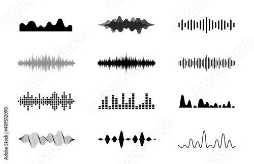Sound waves set. Modern sound equalizer. Radio wave icons. Volume level symbols. Music frequency. Abstract digital equalizers for music app. Vector illustration.