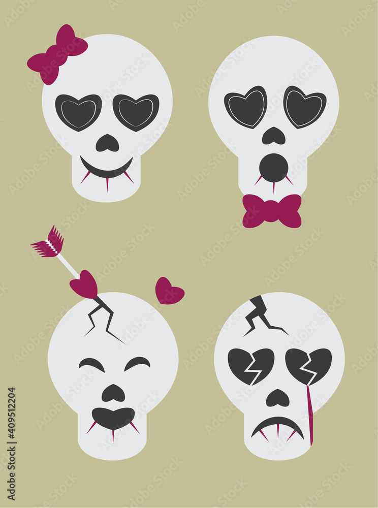 Four Valentine Sugar Skulls. Set of cute, gothic icons for Valentine's Day. Flat colors and simple shapes. Four Valentine Sugar Skulls. Set of cute, gothic icons for Valentine's Day. Flat colors and simple shapes.