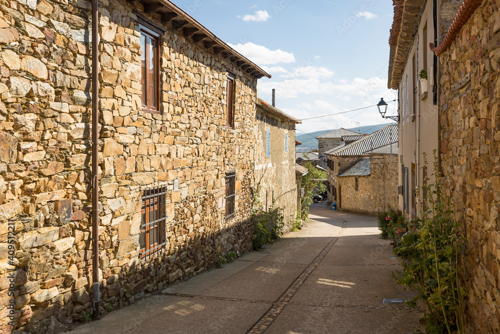 a street with typical old houses in Rabanal del Camino, municipality of Santa Colomba de Somoza, region of Maragatería, province of Leon, Castile and Leon, Spain