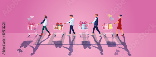 Young people take a shopping cart And enjoy online shopping through smartphones, Choose to buy gifts valentine's day concepts Website or Mobile phone Application, Flat design illustration vector