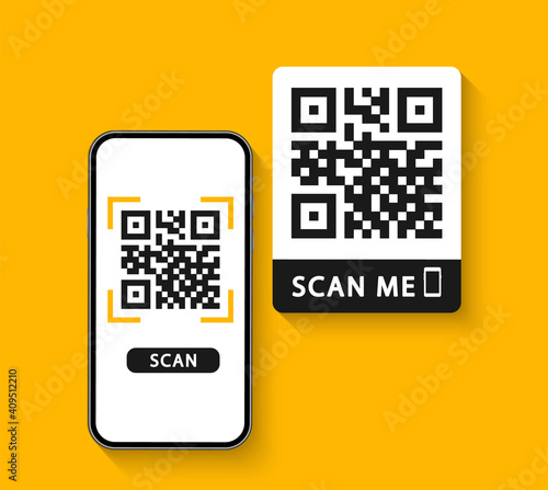 QR code scan to smartphone. Qr code for payment. Mobile phone scanning QR-code. Inscription scan me. Verification. Vector illustration.
