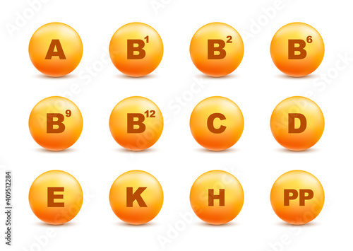 Vitamin A, B1, B2, B6, B9, B12, C, D, E, K, H, PP pill golden capcule icon. Vitamin complex and essential vitamins. Nutrition sign. Medicine advertising. Vector illustration.