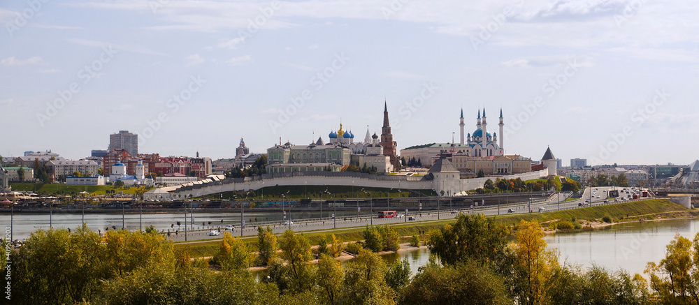 Kazan, Russia - September 8, 2019. Panorama of the city. View of the Kazan Kremlin, the Kul-Sharif mosque and the Kremlin dam