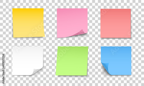 Colored sheets of note papers set. Collection of sticky notes with curl and shadow. Realistic paper stickers for your message. Design element for advertising and promotional.