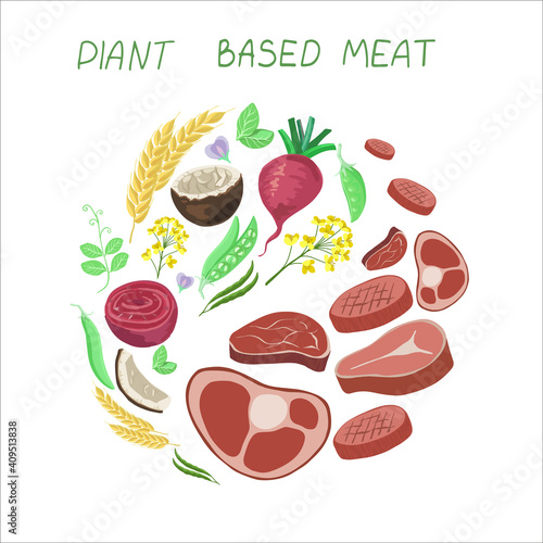 Vegan sources of protein. Plant based meat icons in cartoon style. Peas and beet, wheat and rapeseed oil, coconut oil, vector illustration. Vegetables transform into meat, process