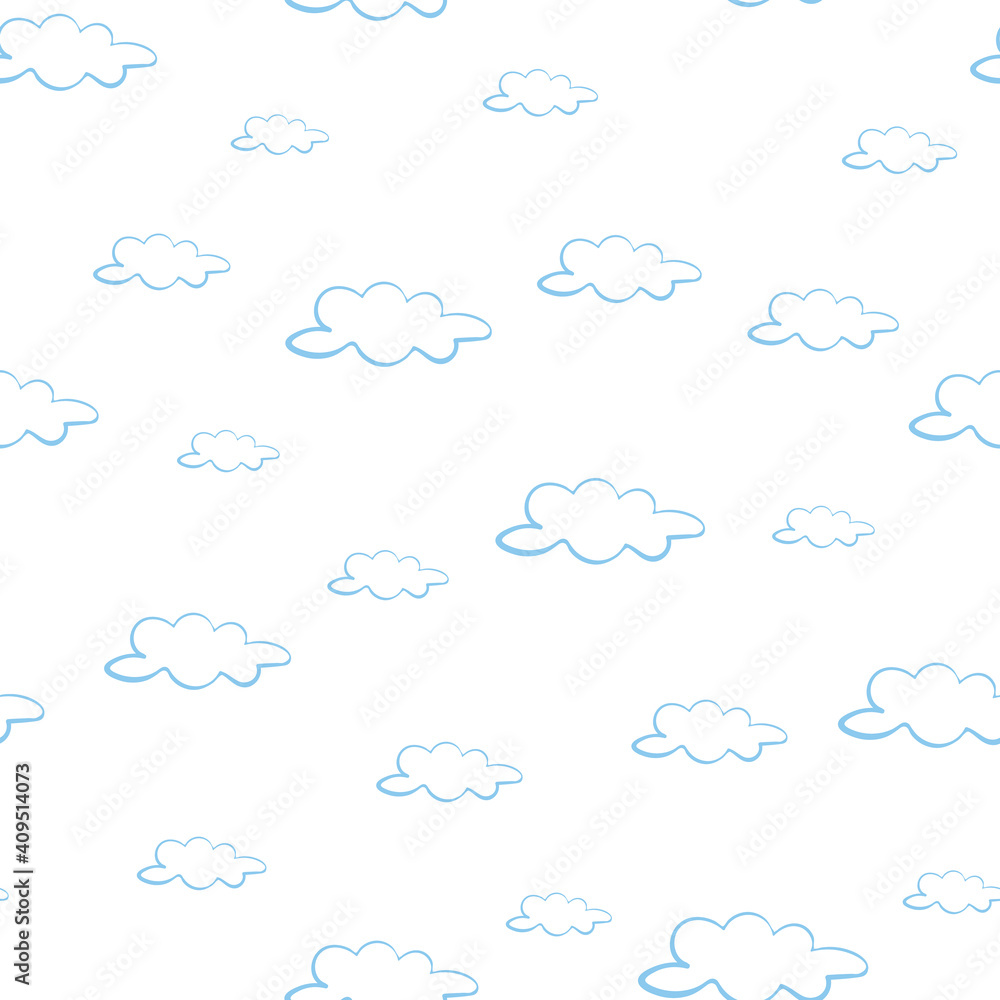 Simple blue clouds seamless vector pattern on white. Surface print design for fabrics, stationery, scrapbook paper, gift wrap, textiles, home decor, backgrounds, and packaging. Simple blue clouds seamless vector pattern on white. Surface print design for fabrics, stationery, scrapbook paper, gift wrap, textiles, home decor, backgrounds, and packaging.