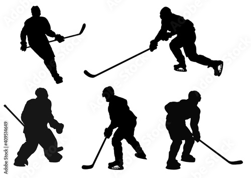 Photography black silhouette of a hockey player on a white background.