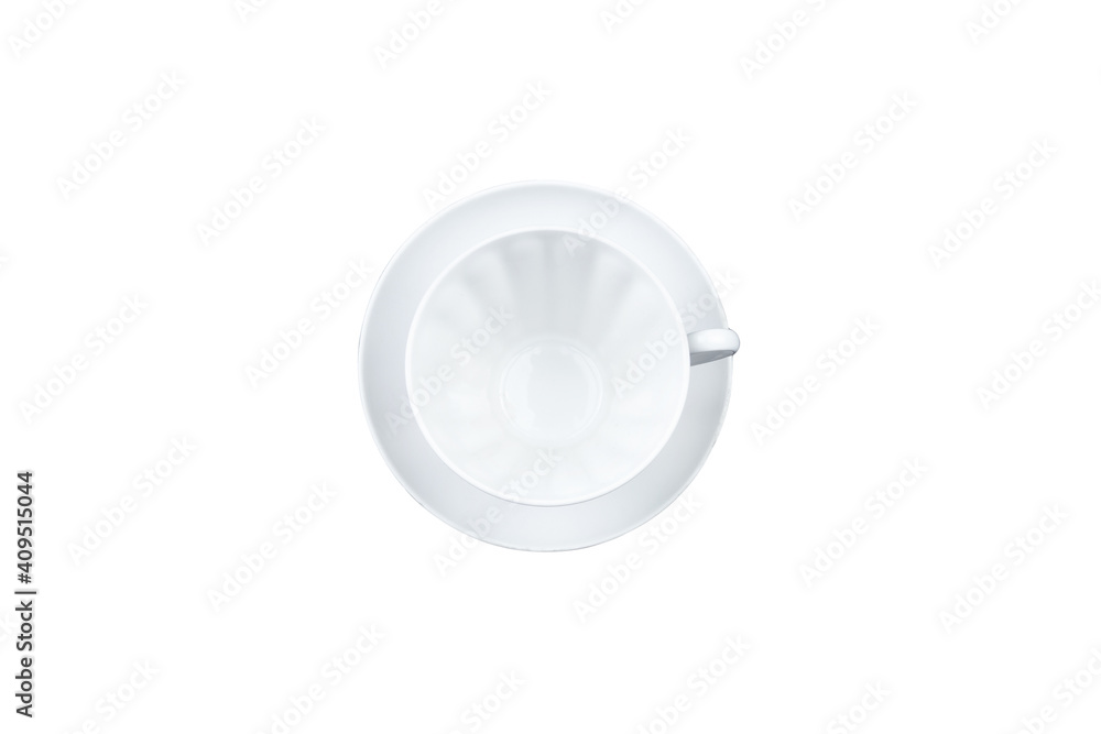 White empty porcelain cup and saucer. Top view. Isolated on white. White empty porcelain cup and saucer. Top view. Isolated on white.