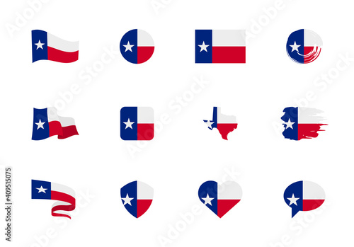 Texas - flat collection of US states flags. Flags of twelve flat icons of various shapes. Set of vector illustrations