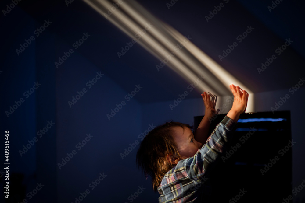A cheerful 3-4 year old kid in a blue retro checkered shirt plays with the sun rays A cheerful 3-4 year old kid in a blue retro checkered shirt plays with the sun rays