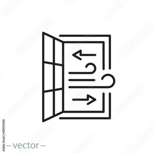 open window icon, room ventilation, sanitary hygiene, airing premises, thin line symbol on white background - editable stroke vector illustration eps10