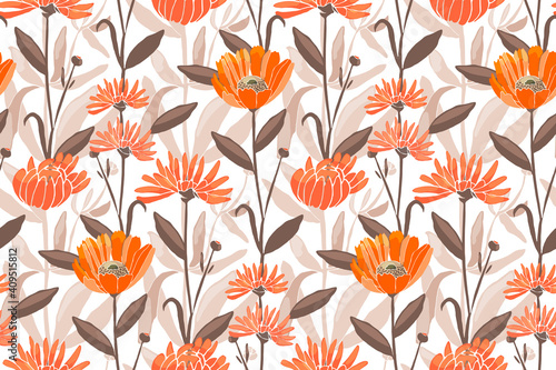 Vector floral seamless pattern. Spring, summer flowers. Orange calendula, marigold, gaillardia flowers, brown leaves. For decorative design of any surfaces.
