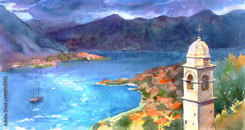 Montenegro landscape, Kotor church. Traditional watercolor illustration. Panorama view of the Kotor harbor. 
