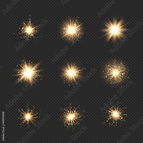 Collection of star burst with sparkles and bokeh. Golden light flare effect with sparkles and glitter isolated on transparent background. Vector illustration shiny glow star with stardust