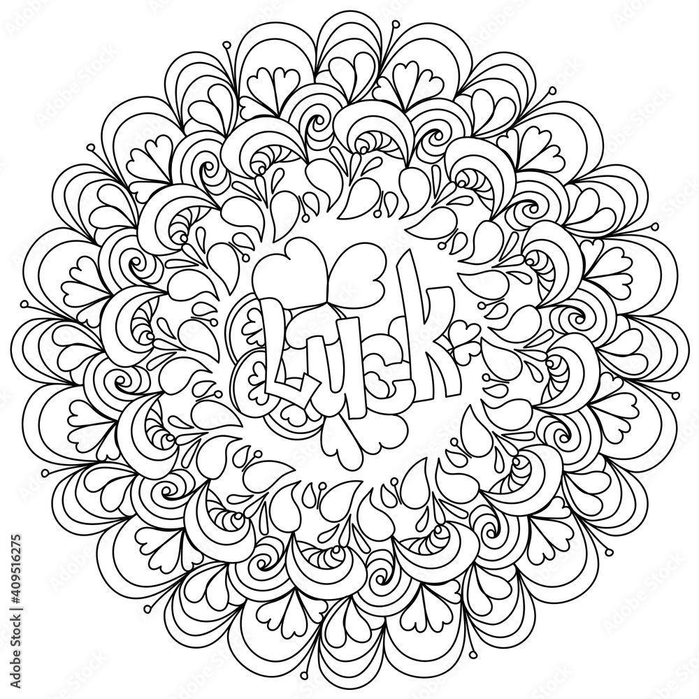 Contour mandala with the word Luck in the center, coloring page with symbols of St. Patrick's Day Contour mandala with the word Luck in the center, coloring page with symbols of St. Patrick's Day