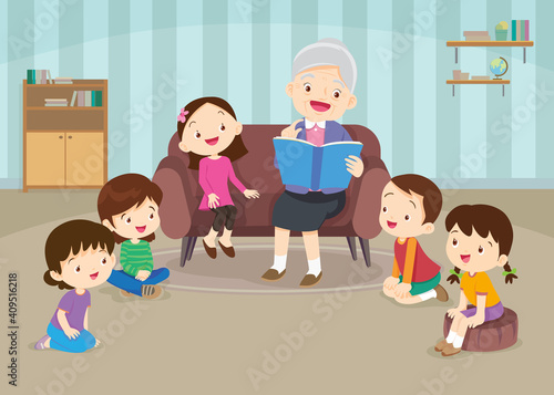 children listen grandparents reading on sofa
