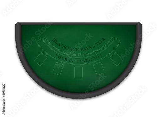 Black Jack table made of green cloth isolated on white background.