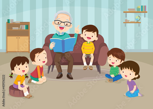 childrent boy and girl listen grandparents reading on sofa