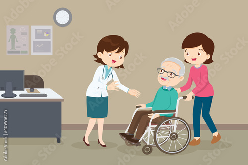 woman and elderly man on wheel chair see Doctor