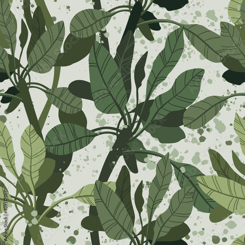 Seamless tropical pattern with exotic palm leaves and various plants on light background.