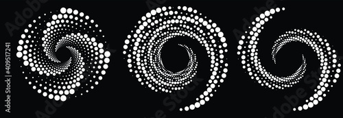 Black halftone dots in vortex form. Geometric art. Trendy design element.Circular and radial lines volute, helix.Segmented circle with rotation.Radiating arc lines.Cochlear,set