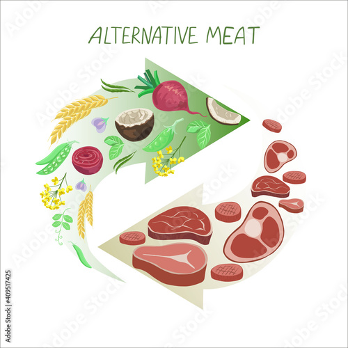 Vegan sources of protein. Plant based meat process of transformation. Peas and beet, wheat and rapeseed oil, coconut oil, vector illustration. Vegetables transform into meat,