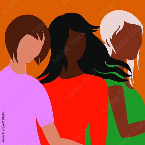 An abstract vector illustration of diverse women standing together in friendship with solidarity and sisterhood