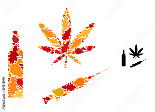 Narcotic Drugs mosaic icon done for fall season. Vector narcotic drugs mosaic is done from scattered autumn maple and oak leaves. Mosaic autumn leaves in bright gold, brown and red colors.