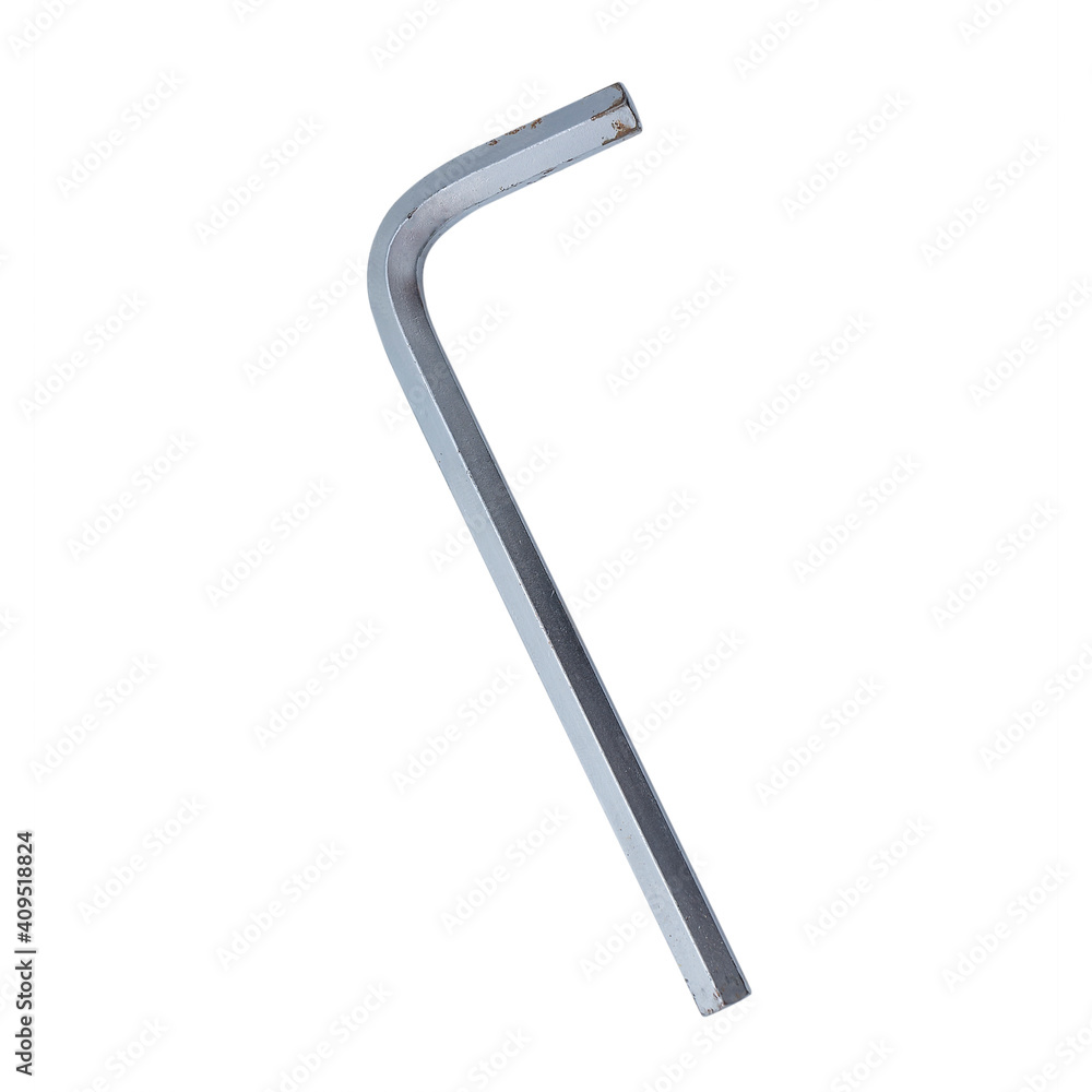 Hex Key Silver Isolated. Silver colour hex key. Isolated on a white background.