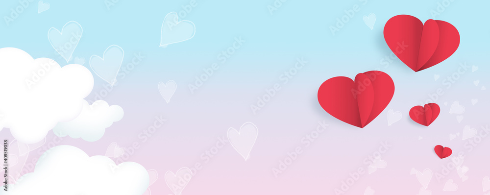 Red hearts paper cut romantic concept in pastel sky pastel background. Valentine's Day greeting card concept.	