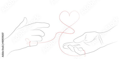 Hand drawn simple Valentine s Day, Wedding greeting card or invitation, with hands connected by the red string of fate with heart shape.