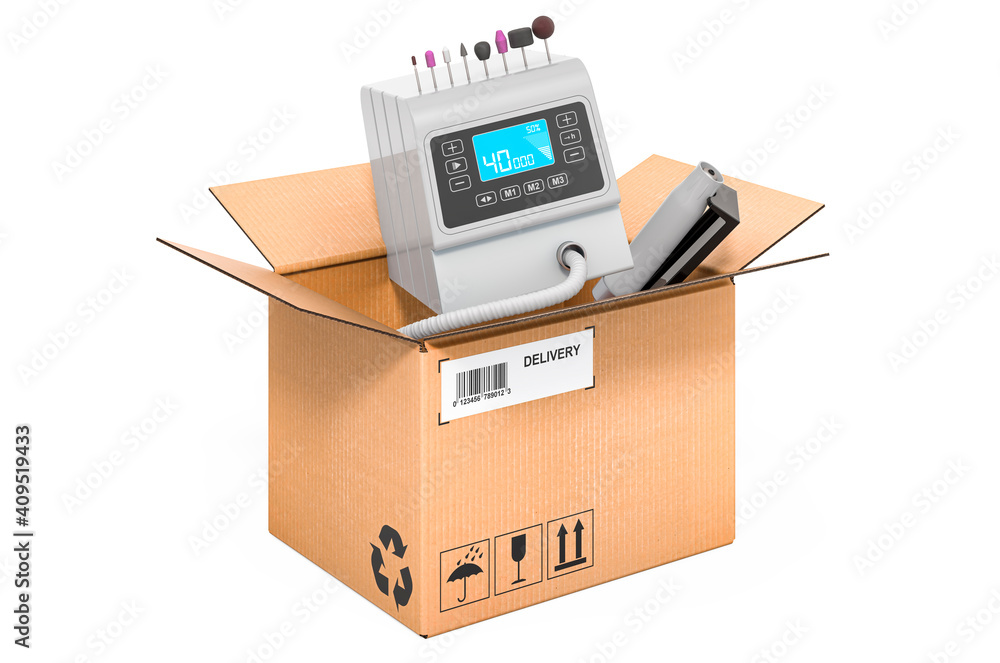 Professional pedicure machine inside cardboard box, delivery concept. 3D rendering Professional pedicure machine inside cardboard box, delivery concept. 3D rendering