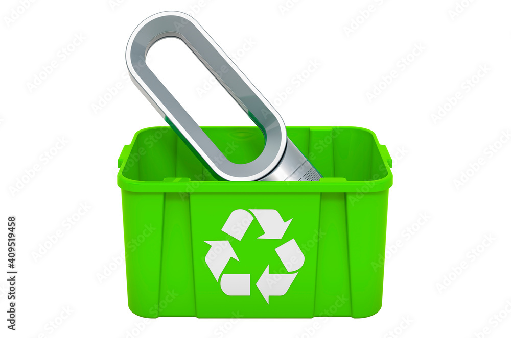 Recycling trashcan with bladeless air fan, 3D rendering Recycling trashcan with bladeless air fan, 3D rendering