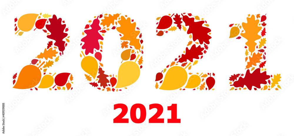 2021 Year Digits mosaic icon constructed for fall season. Vector 2021 year digits mosaic is shaped of random autumn maple and oak leaves. Mosaic autumn leaves in bright gold, brown and red colors. 2021 Year Digits mosaic icon constructed for fall season. Vector 2021 year digits mosaic is shaped of random autumn maple and oak leaves. Mosaic autumn leaves in bright gold, brown and red colors.